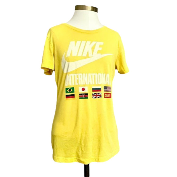 Vintage 90s Nike Yellow Track & Field International Flags Thin Tee T-Shirt - S - Picture 1 of 9